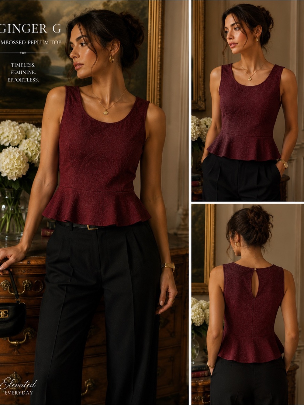 Ginger G Burgundy Embossed Paisley Peplum Sleeveless Top Size Medium